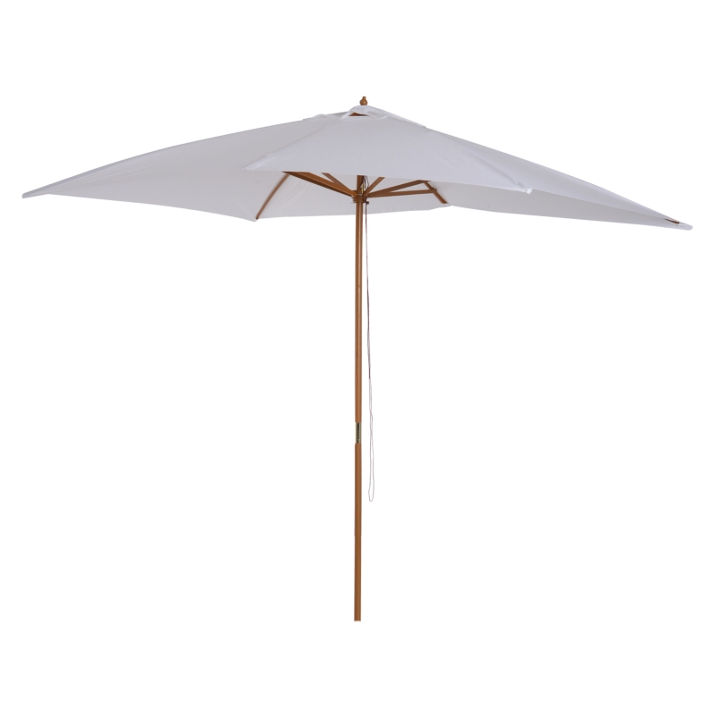 Outsunny Sombrilla de Jardín 295x200x255cm con Mástil de Madera Varillas de Bambú y Polea Parasol Rectangular para Terraza Blanco