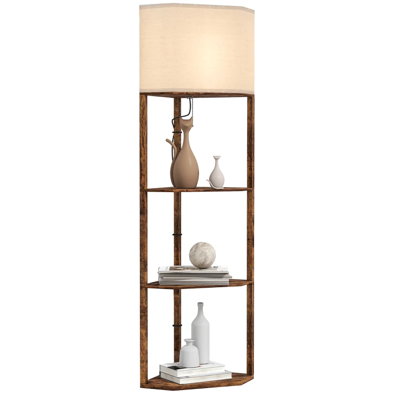 HOMCOM Corner Floor Lamp with Shelves, Tall Standing Lamps for Living Room, with Pull Chain Switch Bulb not Included, Rustic Brown