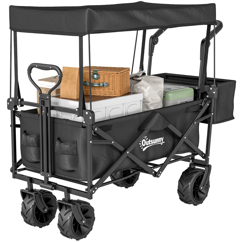 Outsunny 180L Festival Trolley on Wheels, Push & Pull Beach Cart with Removable Canopy, Wide All-Terrain Wheels, Folding Camping Trolley Cart, Adjustable Handle for Garden Fishing Shopping, Black