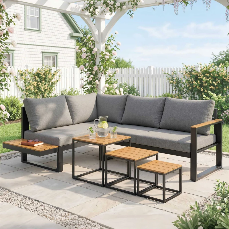 Outsunny 5-delige loungeset voor buiten, tuinmeubelset, 148 cm x 61 cm x 71,5 cm, Grijs + Natuurlijk