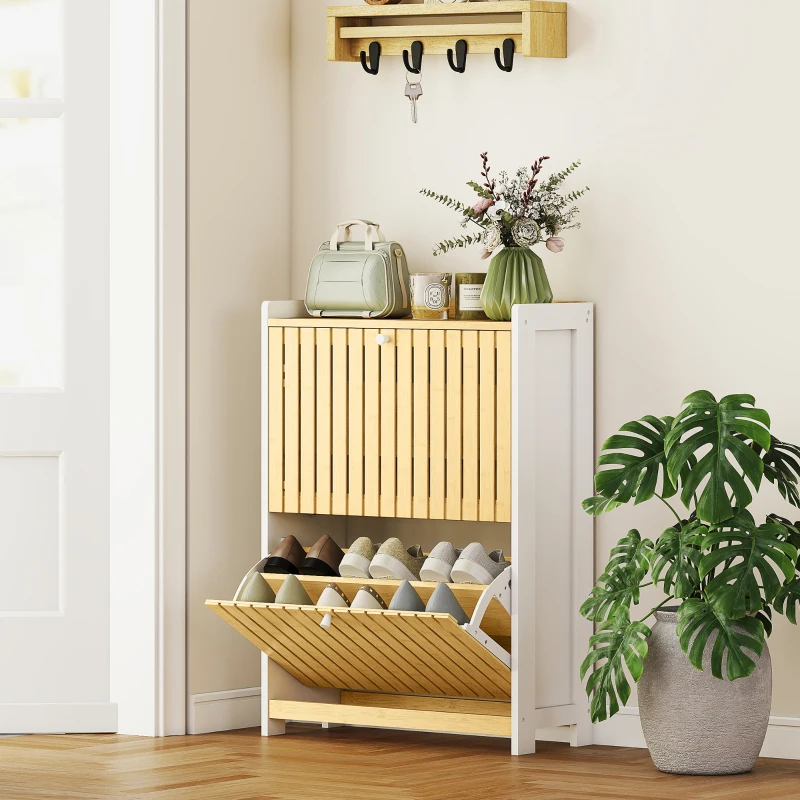 HOMCOM Zapatero Estrecho con 2 Puertas de Bambú con Listones Estantes Ajustables para 12 Pares de Zapatos Blanco y Natural