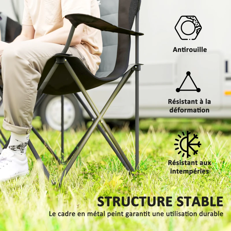 Outsunny Lot de 2 chaise pliante camping rembourrée à dossier haut avec porte-gobelet, charge 120Kg, gris foncé