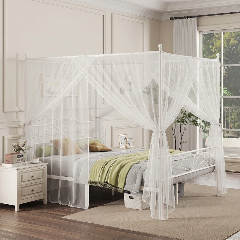 HOMCOM Canopy Bed Frame King Size, Metal Platform Bed Frame with Headboard and Footboard, Underbed Storage, White