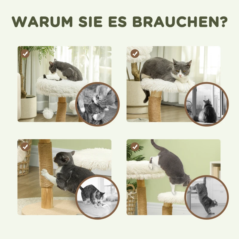 PawHut Kattenboom, 61,5 cm, met Kattenbed, Krabpaal, Sprongplatform, Speelbal, Voor Katten tot 5 kg, Wit
