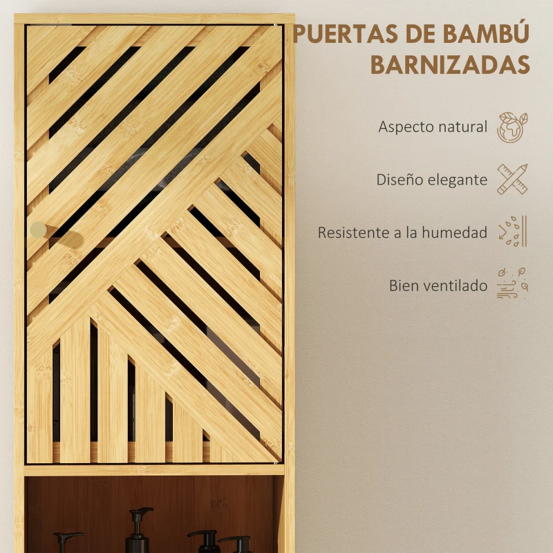 HOMCOM Columna de Baño Estrecha con Puertas y Patas de Bambú Estantes Ajustables Compartimento Abierto 32x30x170 cm Natural