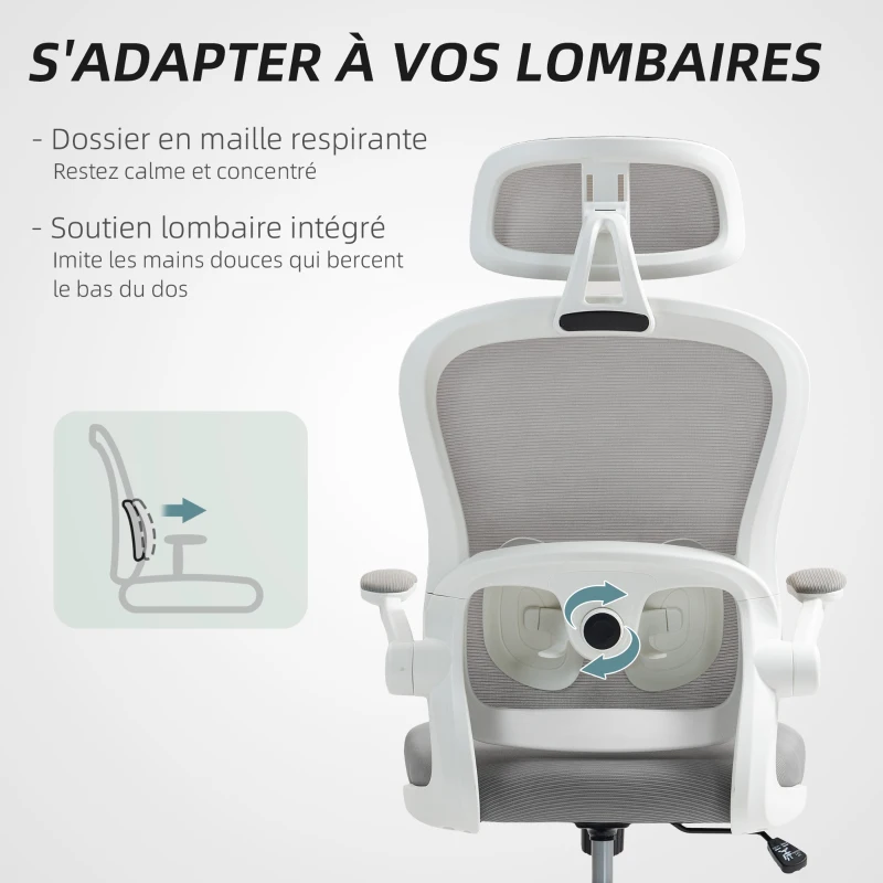 HOMCOM Chaise Bureau Ergonomique, Fauteuil de Bureau en Maille avec Accoudoirs Rabattables, Hauteur Réglable, 64x62x115cm, Gris