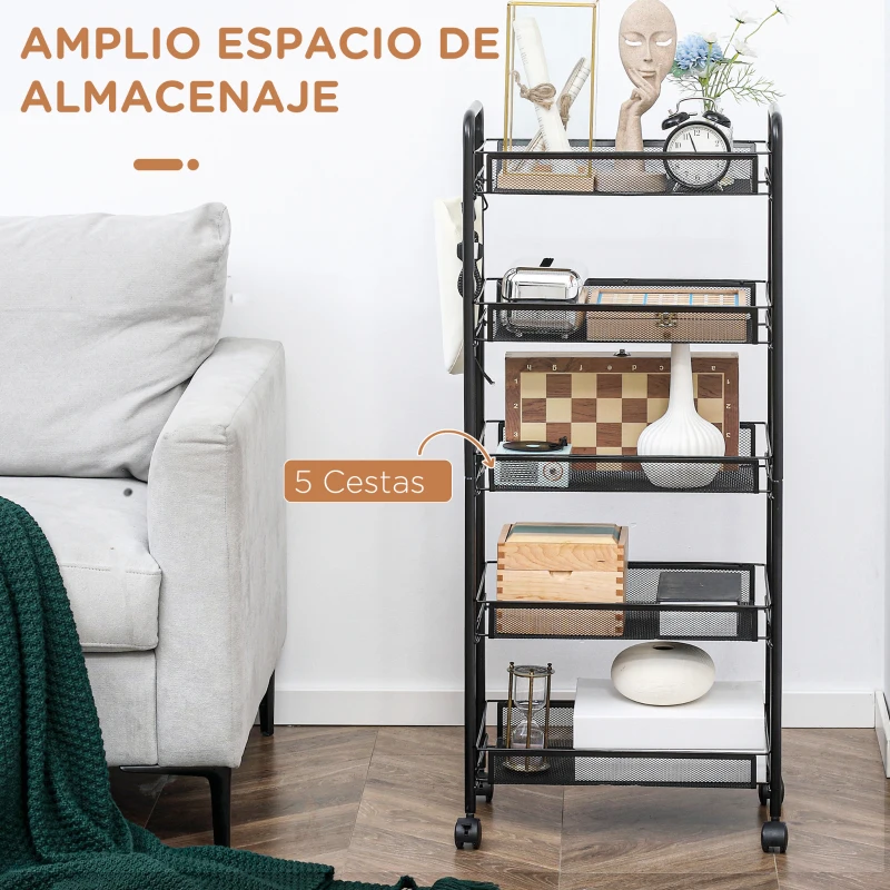 HOMCOM Carrito Auxiliar con Ruedas de 5 Niveles con Cestas de Malla Extraíbles y Marco de Acero 45x26,5x106 cm Negro