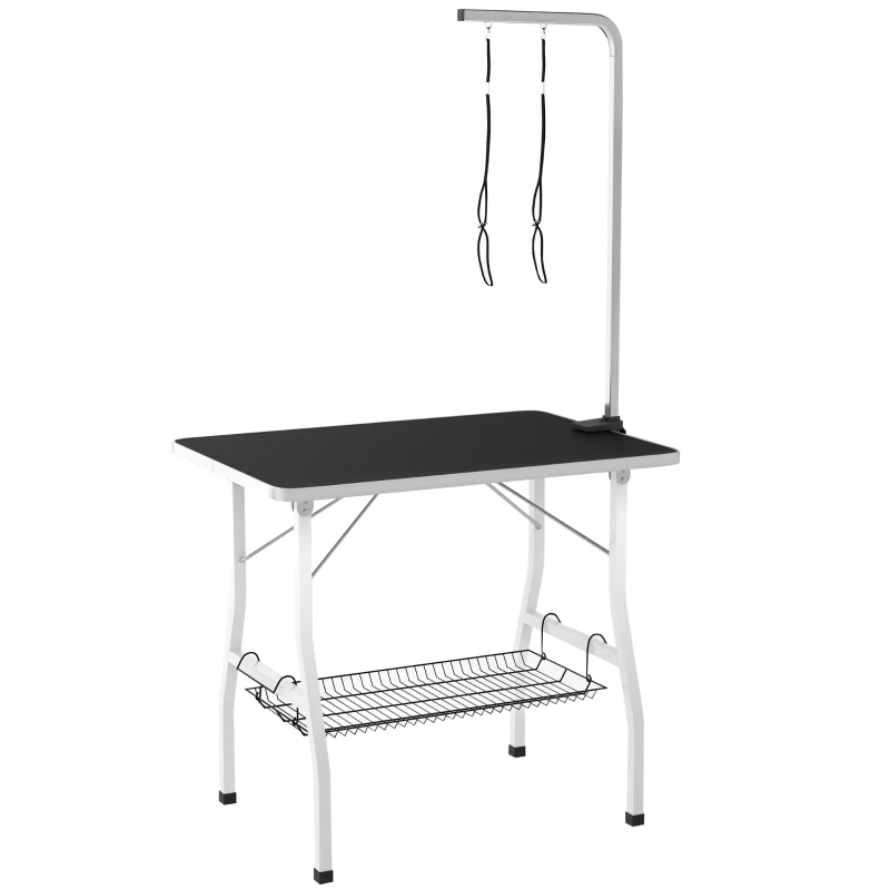PawHut Hondentrimtafel met verstelbare arm, opbergvak, antislip rubberen oppervlak, 90 x 60 x 76 cm, Zwart