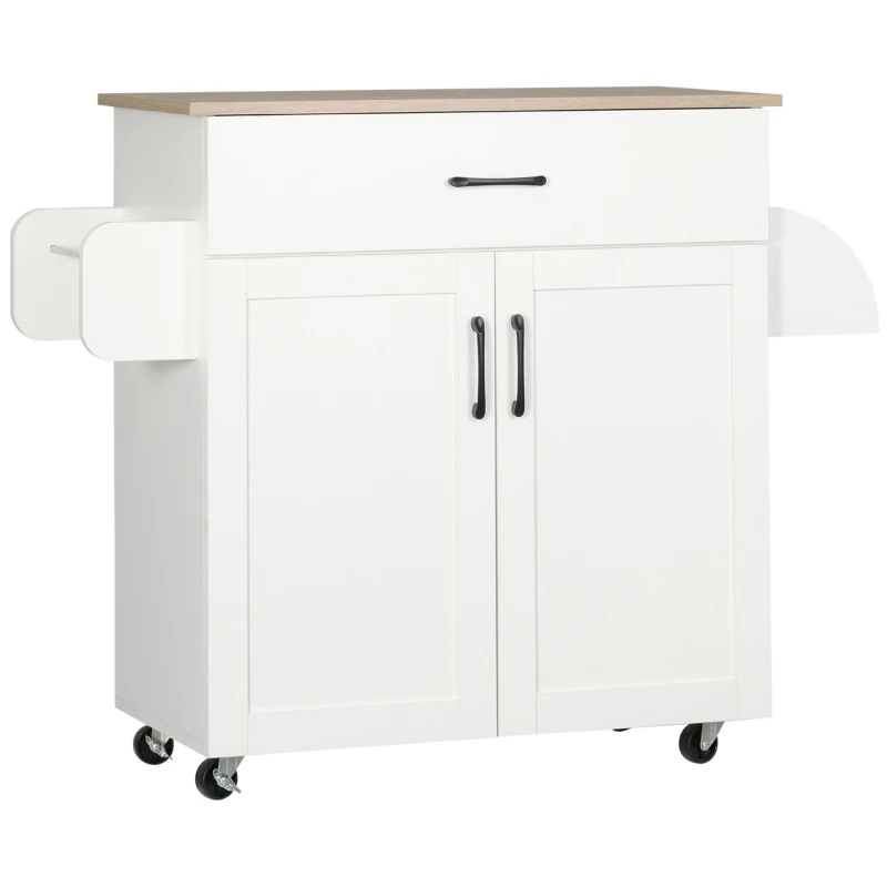 HOMCOM Dessert îlot de cuisine multi-rangements 1 tiroir 1 placard 2 portes avec étagère réglable porte-torchons et porte-épices - bois blanc