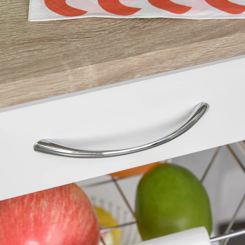 HOMCOM Carrello da Cucina Salvaspazio in MDF, Carrello Portaoggetti con Cassetto, Cestello, 2 Vassoi e 4 Ruote Universale, 37x37x82cm, Bianco