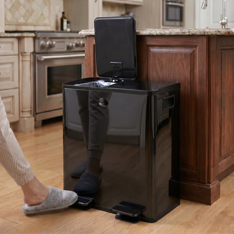 HOMCOM 40L Dual Compartment Stainless Steel Bin, with Deodoriser Holders - Black