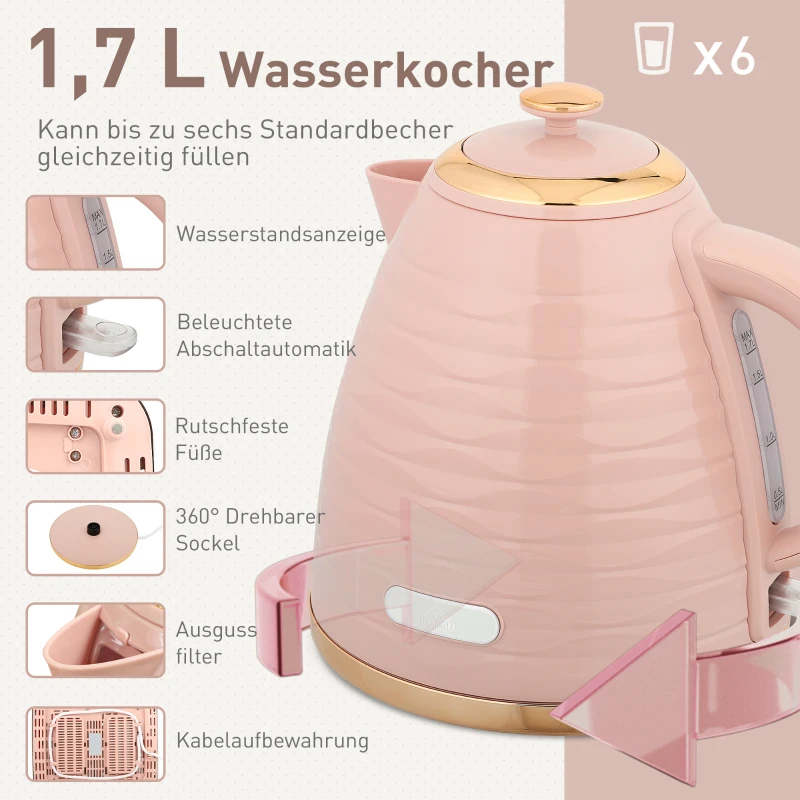 HOMCOM 2-in-1 Toaster en Waterkoker Set, 7 Bruiningsniveaus, Onthouden en Opwarmfunctie, Roze