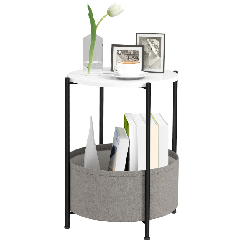 HOMCOM Ronde Bijzettafel met Stoffen Mand, 2-Laags Koffietafel voor Woonkamer, Slaapkamer, Kleine Ruimtes, Metaal, Grijs+Wit