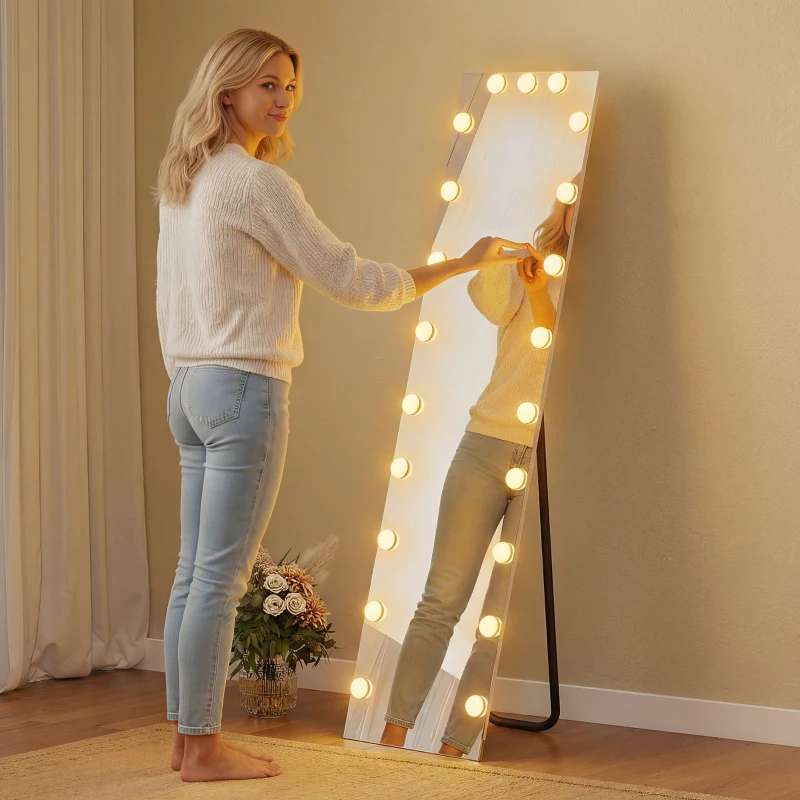 HOMCOM Volledige-lengte spiegel 150x40 cm RGB-LED staande spiegel met 21 gloeilampen 7 lichtkleuren touchschakelaar geheugenfunctie
