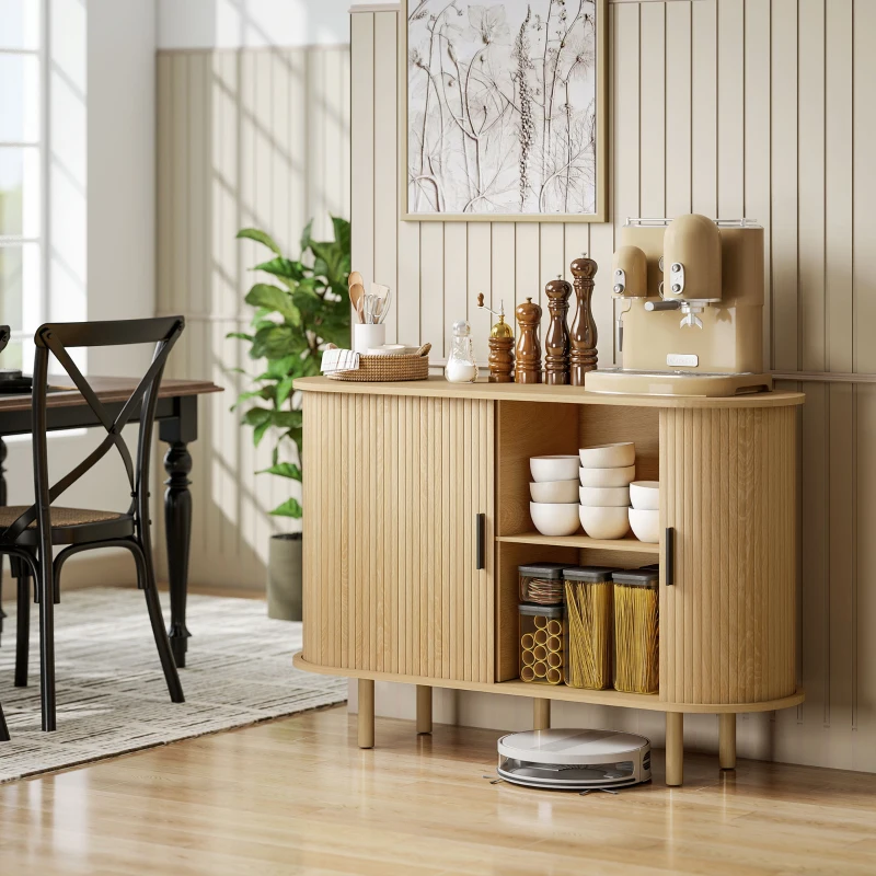 HOMCOM Aparador con Puertas Tambour Deslizantes 4 Compartimentos y Patas de Madera 120x40x78 cm Roble