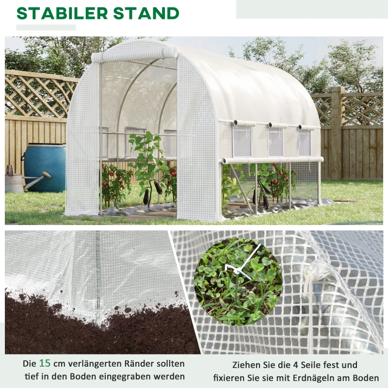 Outsunny Foliënkas met 6 oprolbare ramen, deur met ritssluiting, roestvrij stalen frame, 2,95 x 2 x 2 m, wit