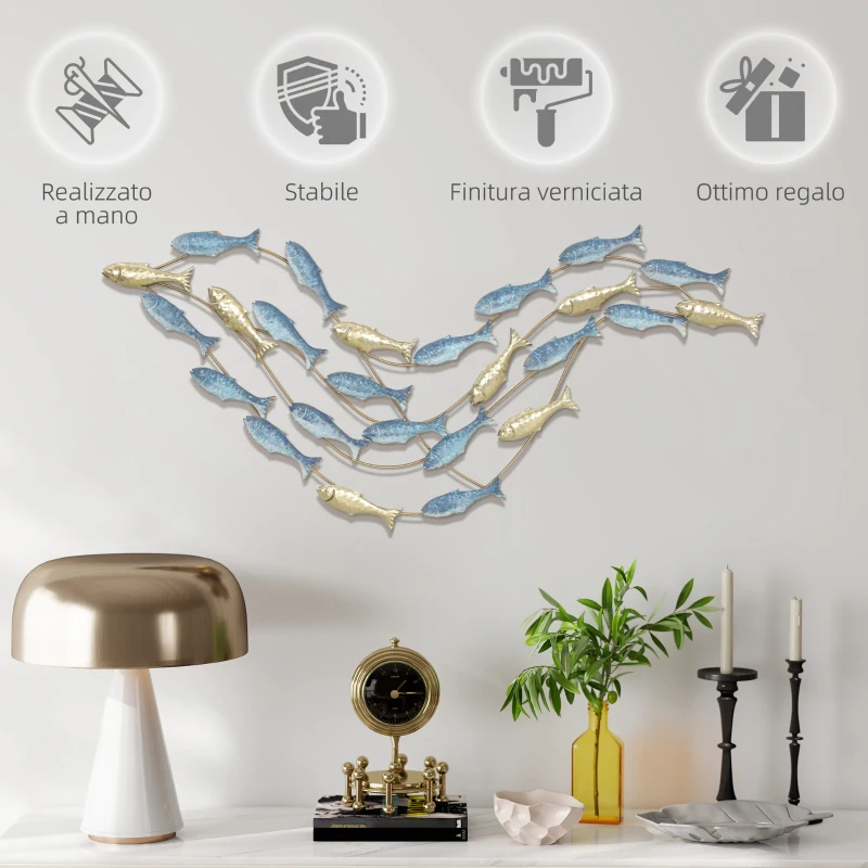 HOMCOM Wall Art Banco di Pesci in Metallo con Viti Incluse, 99.7x3.8x50.2 cm, Oro e Blu