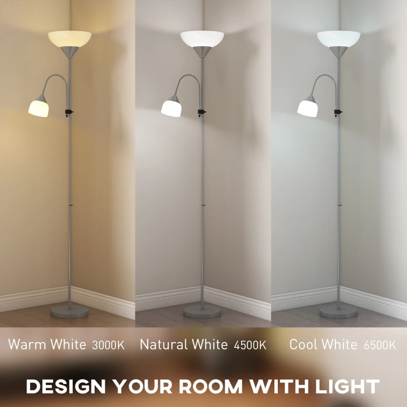 HOMCOM LED Floor Lamp for Living Room, 180cm Tall Standing Lamp, Mother and Child Uplighter with Adjustable Gooseneck, 3000K/4500K/6500K Colour Temperatures, Silver Tone