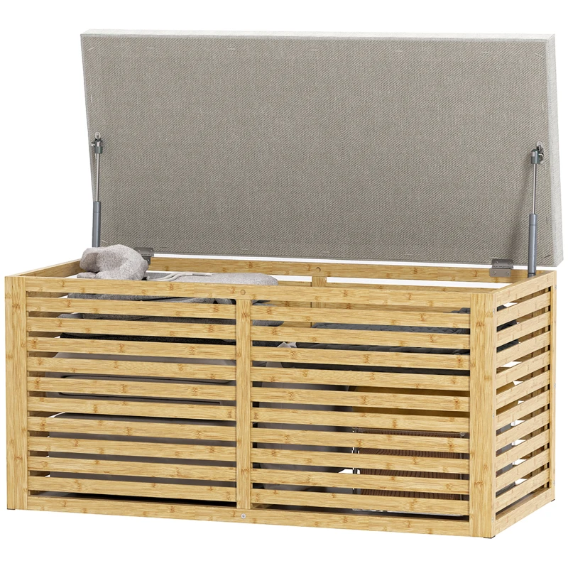 HOMCOM Baúl de Almacenaje 122L Tapizado en Lino Sintético con Cojín Marco de Bambú 90x42x43 cm Gris y Natural