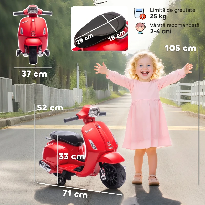 AIYAPLAY Motocicletă Electrică pentru Copii cu Licență Vespa, Baterie Reîncărcabilă 6V, Roți Ajutătoare și Lumini, Roșu