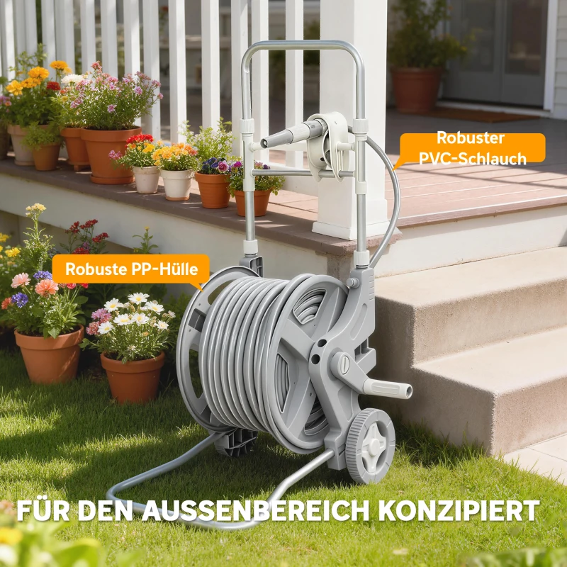 Outsunny Slangenwagen 45 m Slanghaspel met 2 Sproeistanden, Kraanadapter, Slinger en 2 Wielen, 45 x 44 x 78 cm Grijs