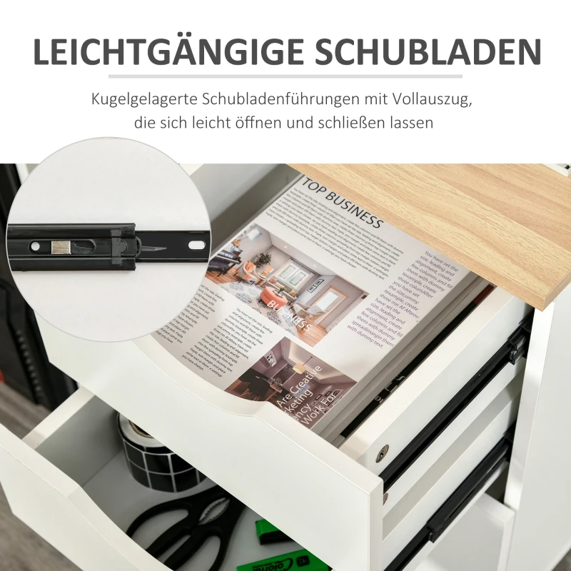 HOMCOM Rolcontainer archiefkast kantoorkast met 3 schuiflades 4 wielen MDF wit + naturel