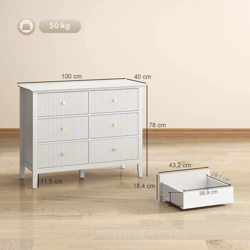 HOMCOM Commode à 6 Tiroirs, Meuble de Rangement, Chiffonnier avec Façades Rainurées, 100 x 40 x 78 cm, Blanc