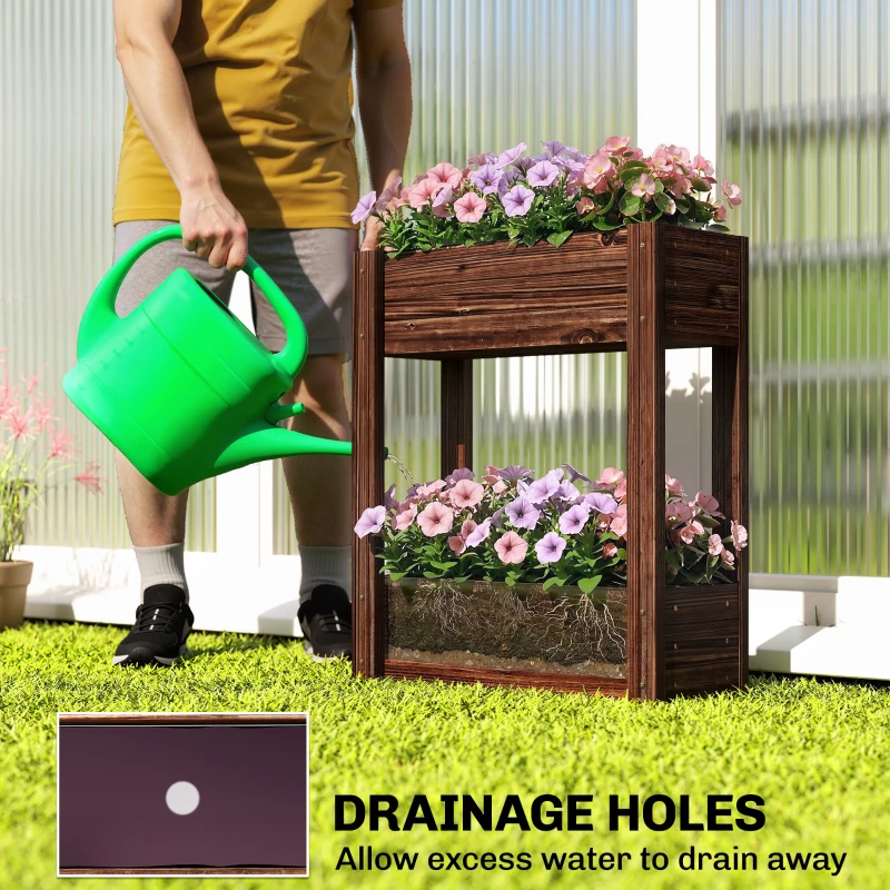 Outsunny 2-Tier Wooden Raised Planter, Raised Garden Bed on Legs with Drainage Holes and Bed Liner, Elevated Garden Planter