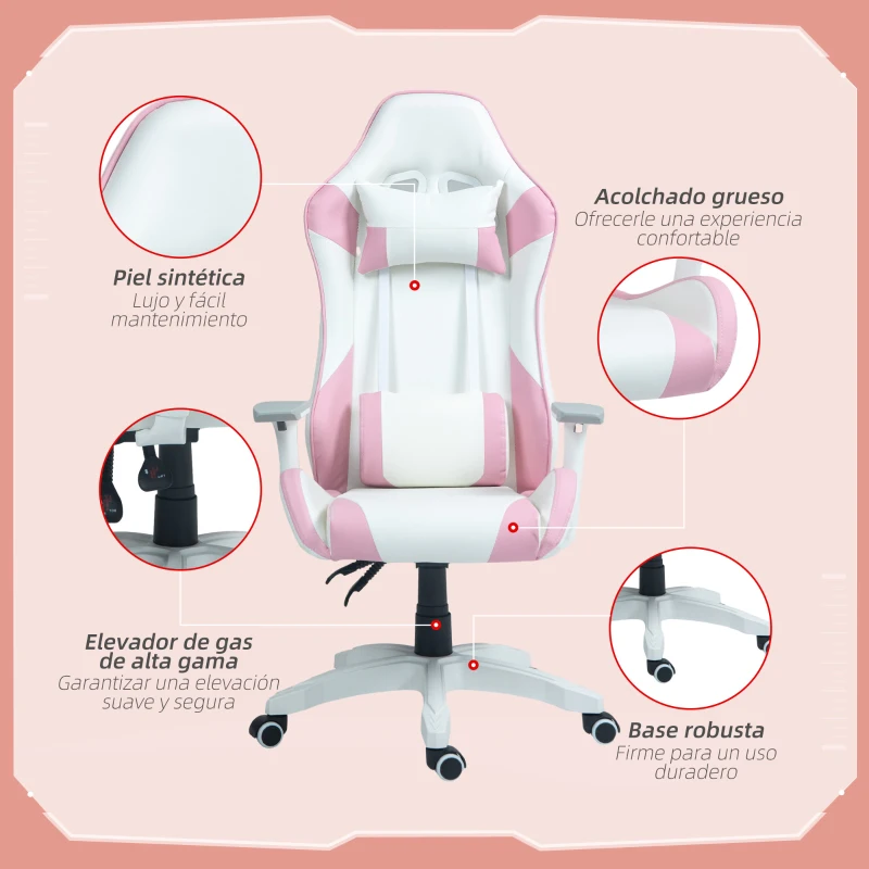 HOMCOM Silla Gamer con Cojín Lumbar Reposabrazos Ajustable Reposacabezas Extraíble y Altura Ajustable 67x60x120-128 cm Rosa