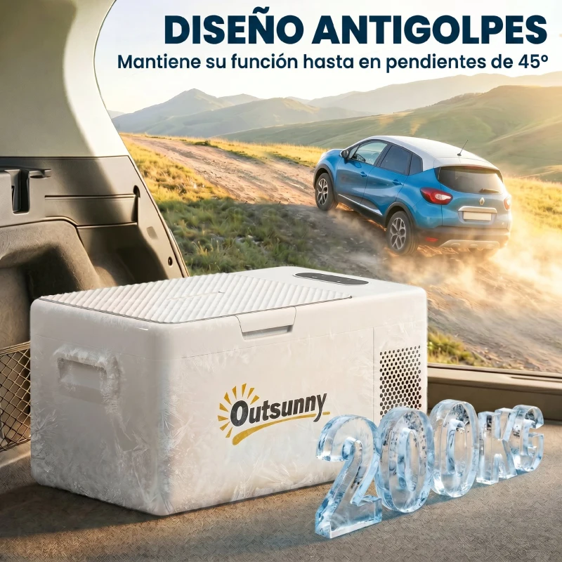Outsunny Nevera Portátil Eléctrica 16,8L Refrigerador de Coche 12/24/220V -20℃ a +20 ℃ con Pantalla Luz LED 59x32x28 cm Blanco