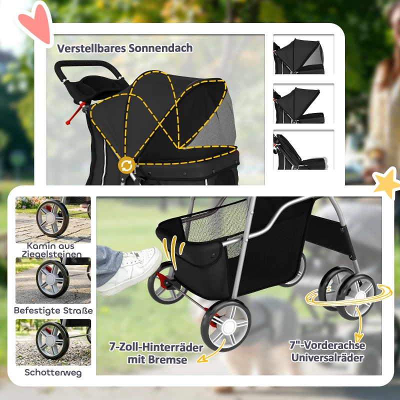 PawHut Hondenwagen opvouwbaar hondenbuggy met reflecterende strip opbergmand kussen voor kleine honden tot 10 kg 77x44x102 cm Zwart