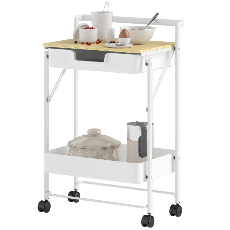 HOMCOM Carrito Auxiliar con Ruedas de 2 Niveles con Cajón Encimera y Cesta de Rejilla para Dormitorio Baño Cocina Blanco