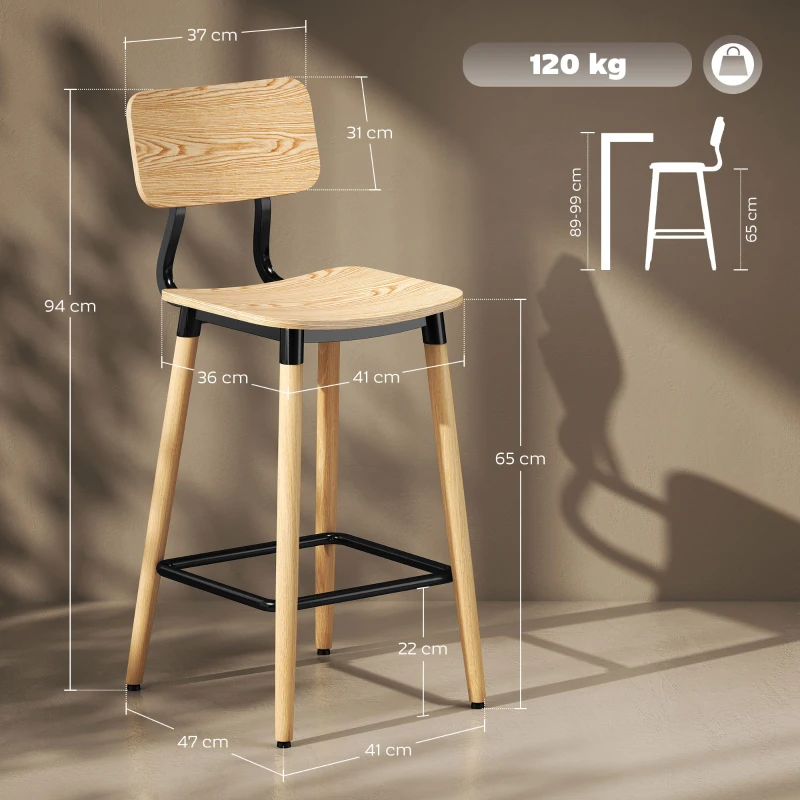 HOMCOM Set van 2 Barstoelen met Rugleuning, Voor Huisbar, Keukeneiland, Eetkamer, Hout, Metaal, Lichtbruin