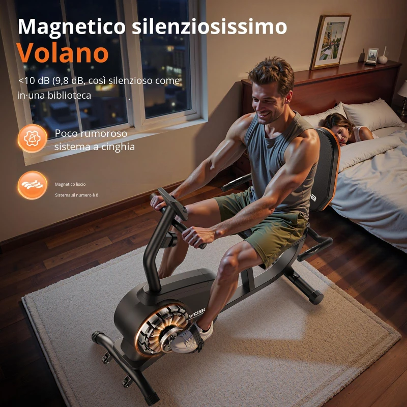 Cyclette recumbente, 16 livelli di resistenza, funzionamento silenzioso, sedile regolabile, 99x51x114 cm, Nero