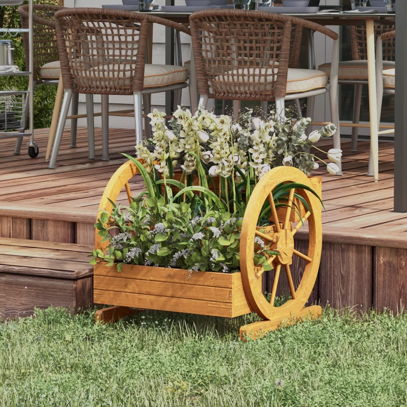 Outsunny Houten Plantenbak met 3 Lagen en Wagenwieldecoratie - 62 x 61 x 57 cm