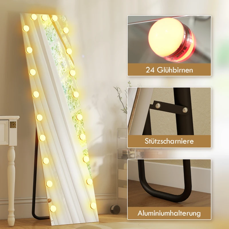 HOMCOM Volledige-lengte spiegel 150x40 cm RGB-LED staande spiegel met 21 gloeilampen 7 lichtkleuren touchschakelaar geheugenfunctie