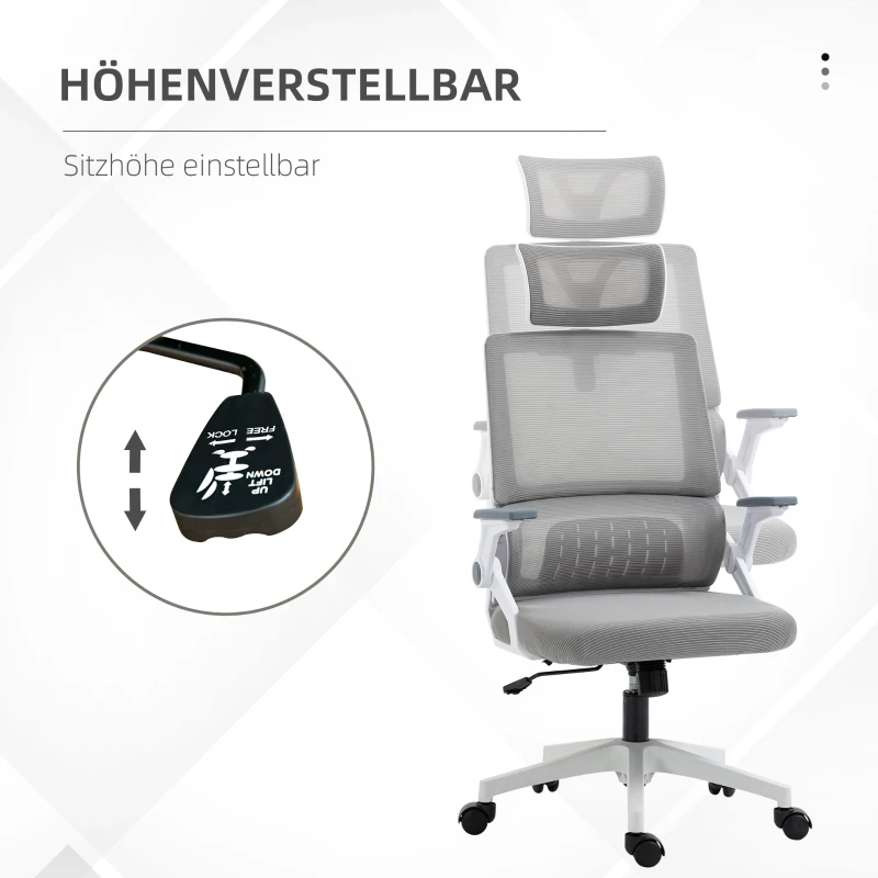 Vinsetto Bureaustoel Schrijftafelstoel Kantoorstoel, in hoogte verstelbaar, 1 Hoofdsteun, 58 x 61 x 119 cm, Grijs(m-4)