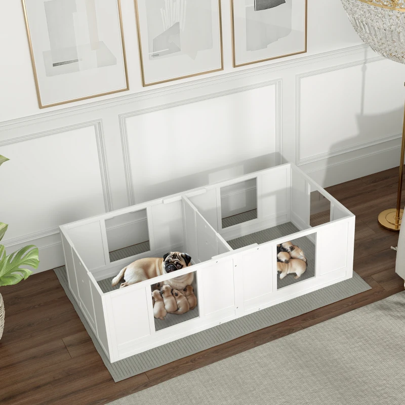 PawHut werpkist voor pups, puppybox met 2 kamers, hondenren met deur voor kleine honden, 164x80x48 cm, wit