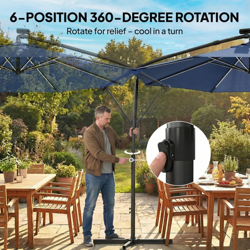 Outsunny 3 m Garden Cantilever Parasol with LED Solar Light, Round Overhanging Umbrella with 360° Rotation, Cover, Navy Blue