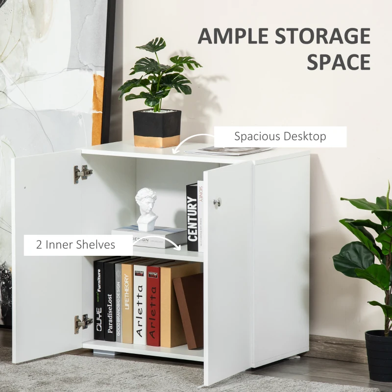 HOMCOM 2 Tier Bookcase, Wooden Storage Cabinet with 2 Doors, Freestanding Sideboard for Living Room, Home Office and Study, White