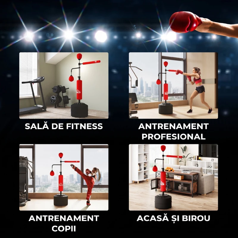 HOMCOM Sac de Box de Podea 4 în 1 cu 2 Speedball-uri, Bară Rotativă și Sac, Înălțime Reglabilă 160-230 cm, Roșu