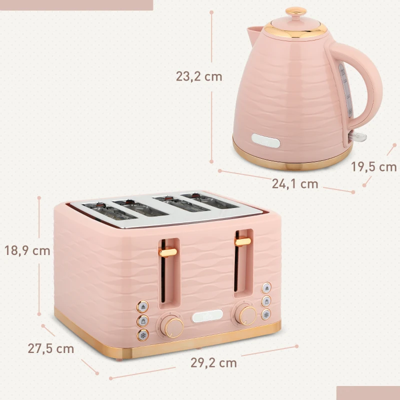 HOMCOM 2-in-1 Toaster en Waterkoker Set, 7 Bruiningsniveaus, Onthouden en Opwarmfunctie, Roze