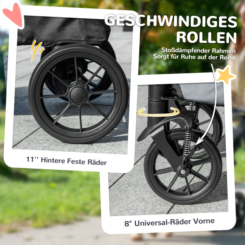 PawHut Hondenwagen, opvouwbare hondenbuggy voor middelgrote honden, dierenwagen met 4 wielen, veiligheidslijnen, remmen, grijs(m-6)