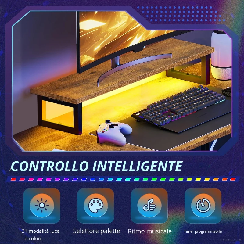 Scrivania angolare Gaming a L, struttura in metallo robusta & piano in legno, montaggio semplice, 150x50x87,5 cm, Marrone