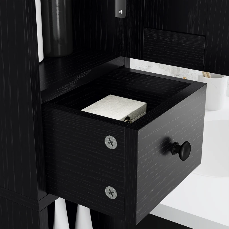 HOMCOM Coluna Casa de Banho com Compartimento Aberto Prateleiras Ajustáveis e Suporte para Papel Higiênico 20x20x185 cm Preto
