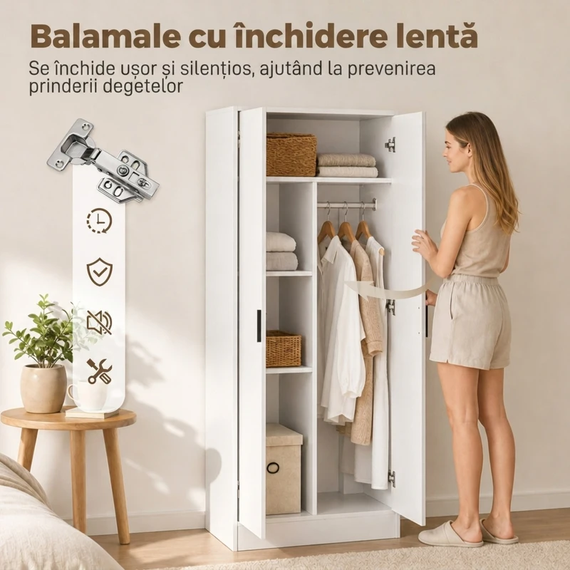 HOMCOM Dulap pentru dormitor slim 2 uși, închidere amortizată, bară pentru umerașe și rafturi, PAL, 70 x 37 x 164cm, alb