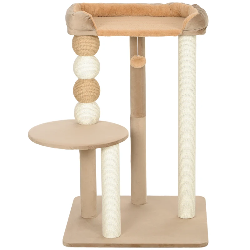 PawHut Krabpaal met 2 niveaus, speelbal, krabpalen, krabballen, geschikt tot 7 kg, 56 x 54 x 86 cm, Bruin