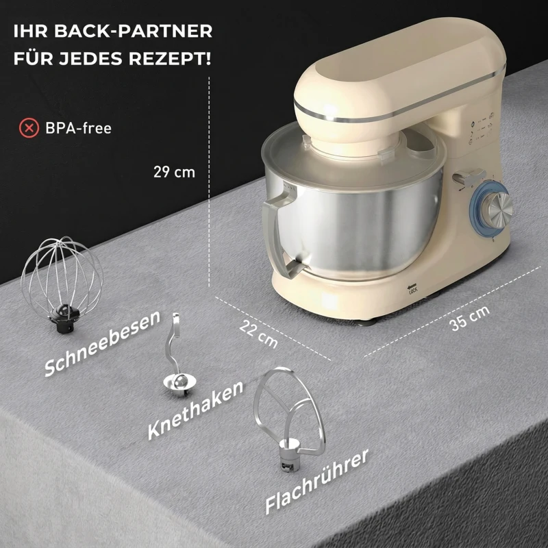 HOMCOM Keukenmachine 4,5 L met RVS-kom, 1300W, 6 snelheden + puls, beige