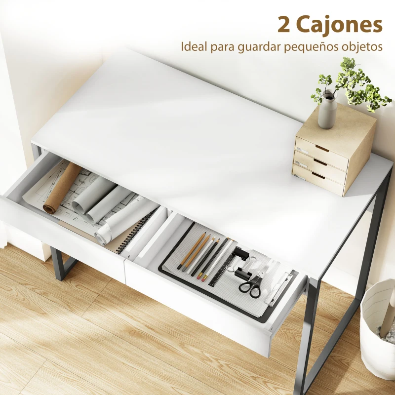 HOMCOM Escritorio con 2 Cajones 100x50x75 cm Mesa de Ordenador Patas de Acero para Casa Espacios Pequeños Blanco Brillante
