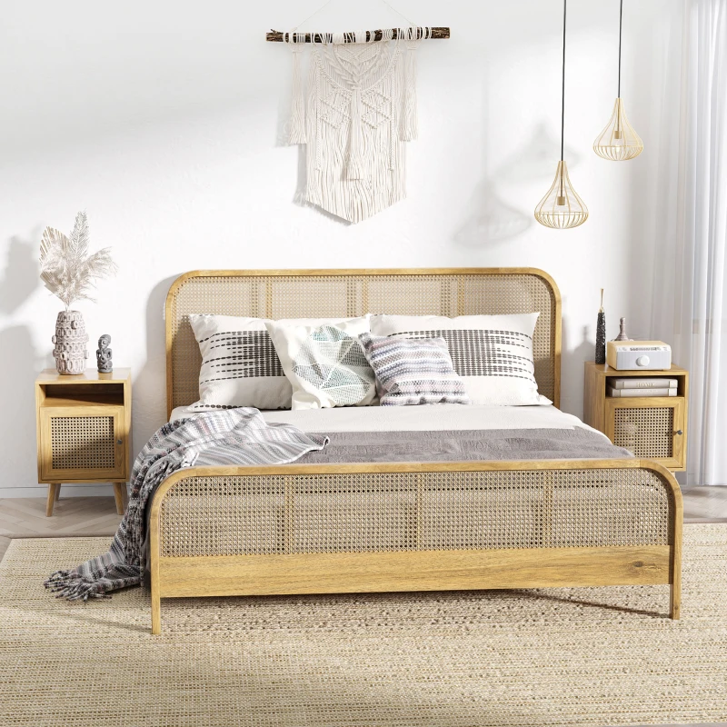 HOMCOM Juego de 2 Mesillas de Noche Estilo Cannage con Puerta y Estante Abierto Mesas Auxiliares 39x35x60 cm Natural
